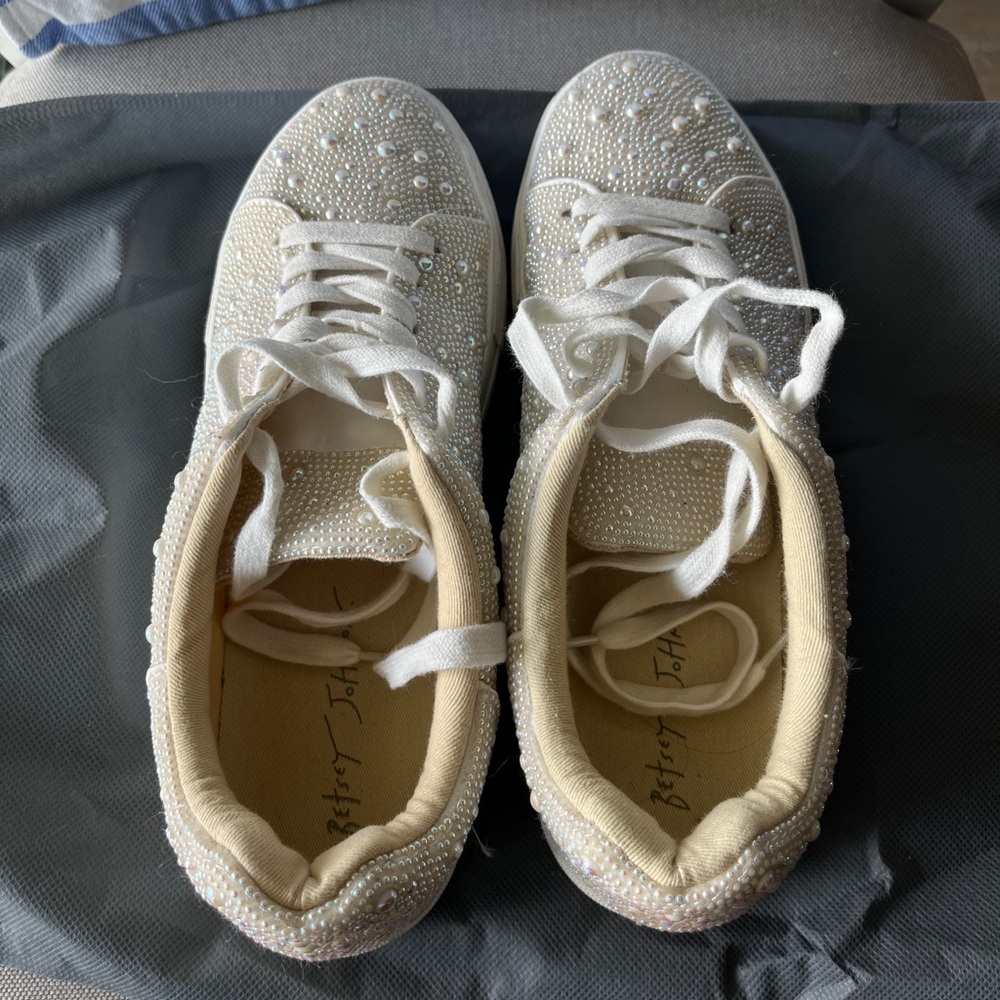 Betsey Johnson Pearl-Embellished Cream Sneakers
